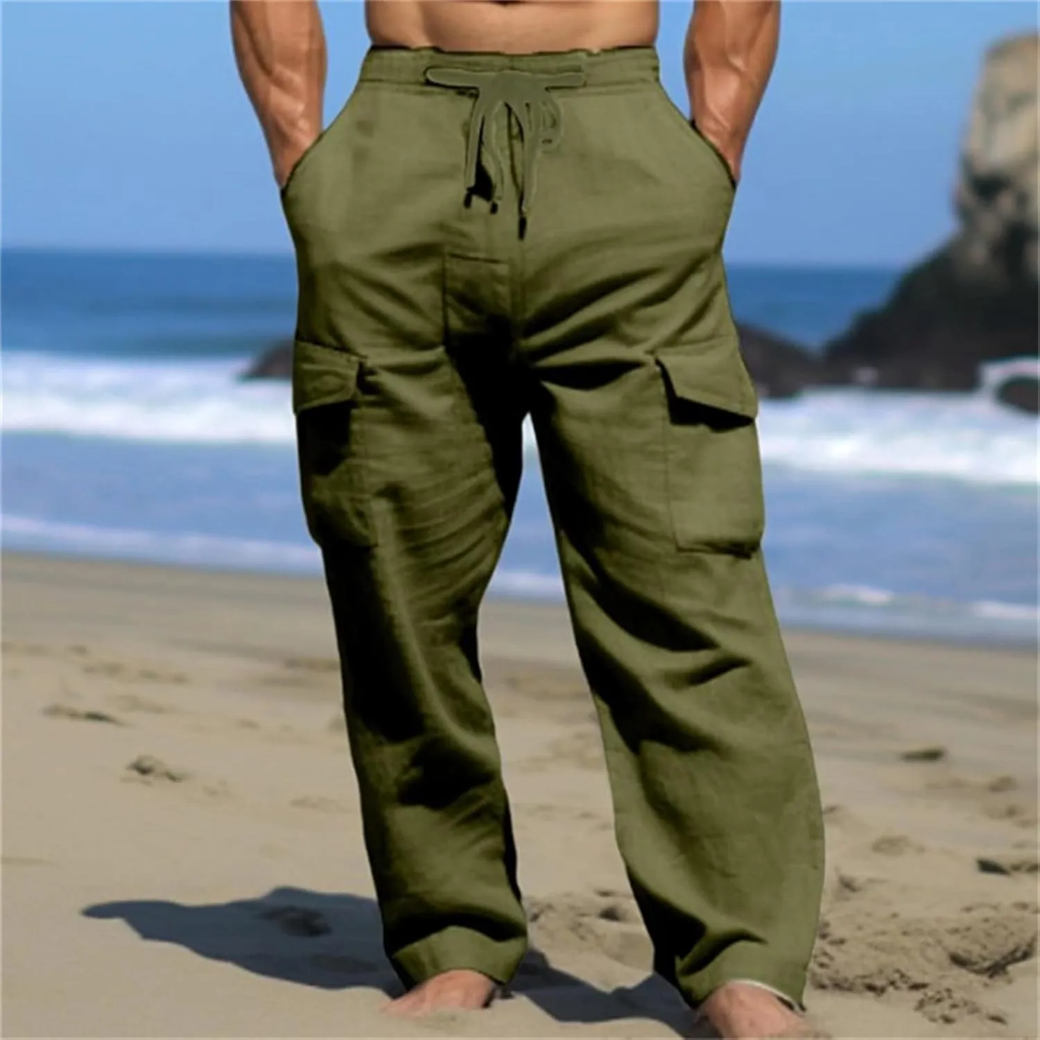 Men's Cotton Linen Cargo Pants Drawstring Straight Trousers Breathable Outdoor Pants with Multi-Pocket