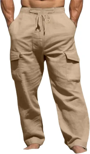 Men's Cotton Linen Cargo Pants Drawstring Straight Trousers Breathable Outdoor Pants with Multi-Pocket