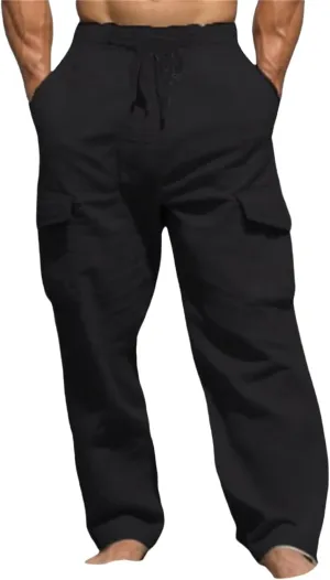 Men's Cotton Linen Cargo Pants Drawstring Straight Trousers Breathable Outdoor Pants with Multi-Pocket