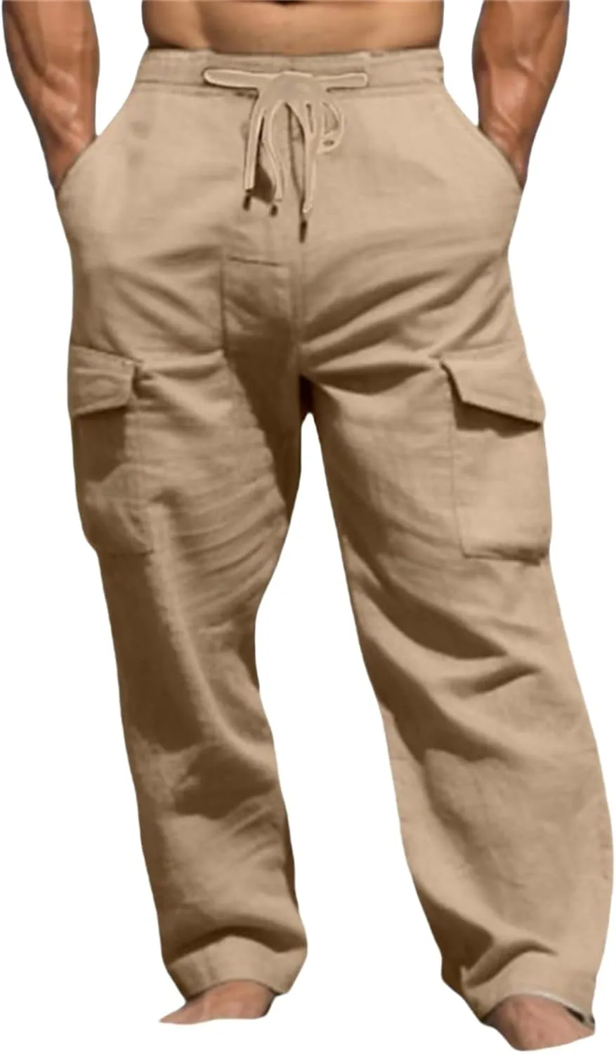 Men's Cotton Linen Cargo Pants Drawstring Straight Trousers Breathable Outdoor Pants with Multi-Pocket