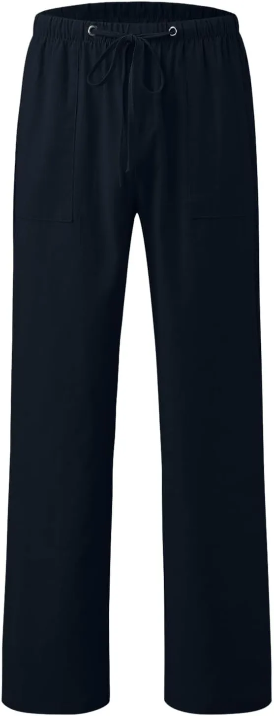 Mens Cotton Linen Pants Solid Color Summer Breathable Trouser Straight Leg Tactical Pants with Multi Pockets