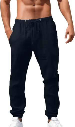 Mens Cotton Linen Pants Solid Color Summer Breathable Trouser Straight Leg Tactical Pants with Multi Pockets