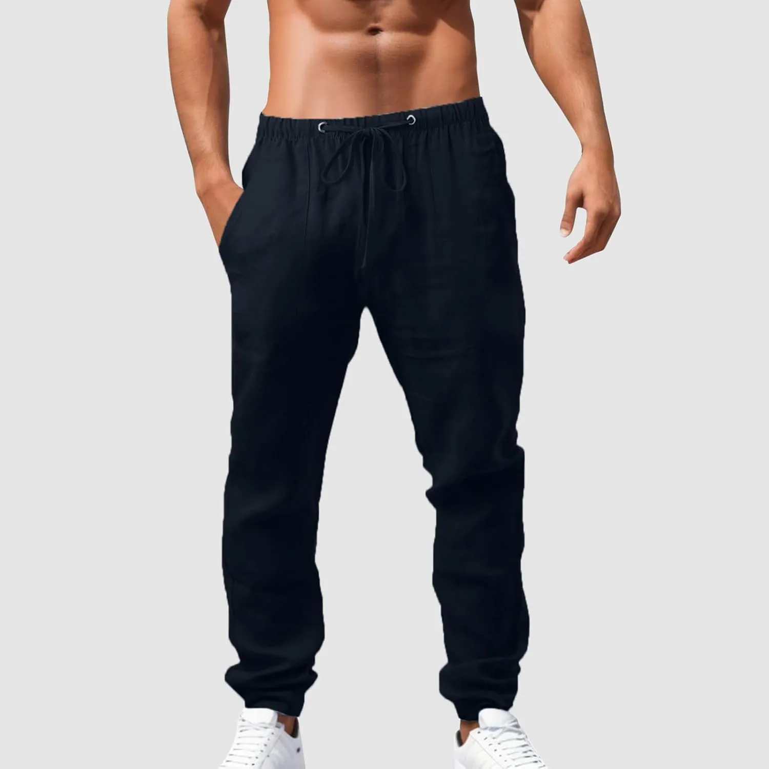 Mens Cotton Linen Pants Solid Color Summer Breathable Trouser Straight Leg Tactical Pants with Multi Pockets