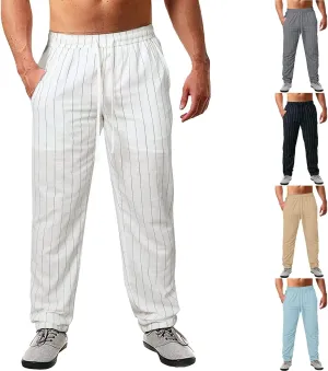 Men's Cotton Linen Pants Striped Beach Pants Baggy Fit Drawstring Sweatpants Breathable Casual Yoga Slacks Trousers