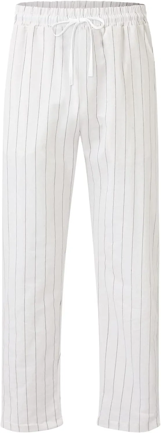 Men's Cotton Linen Pants Striped Beach Pants Baggy Fit Drawstring Sweatpants Breathable Casual Yoga Slacks Trousers
