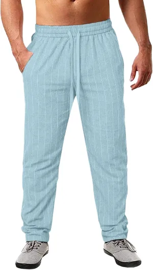 Men's Cotton Linen Pants Striped Beach Pants Baggy Fit Drawstring Sweatpants Breathable Casual Yoga Slacks Trousers