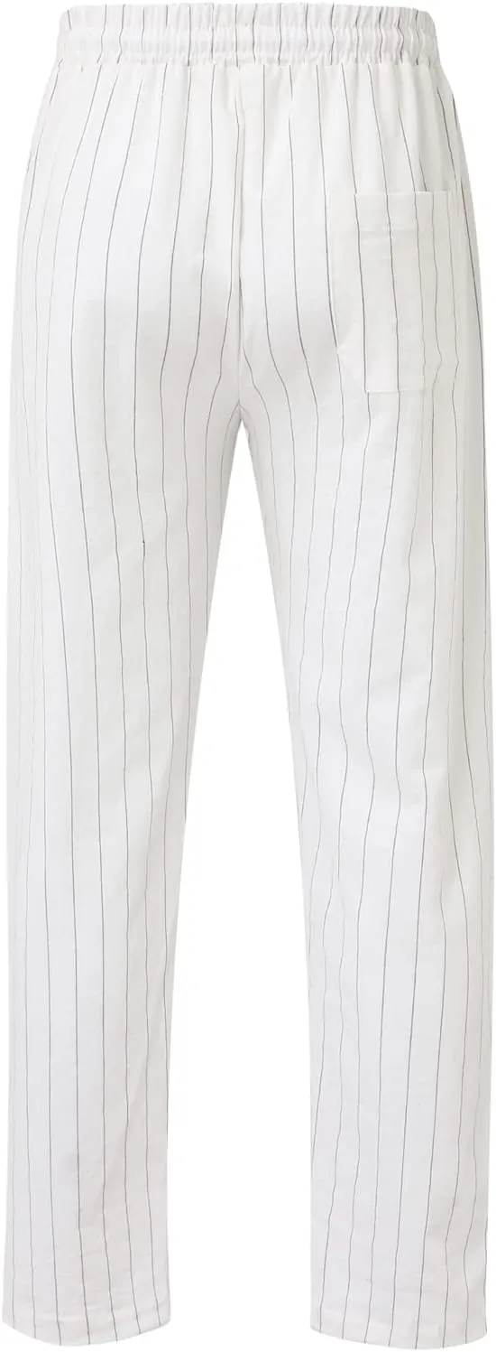 Men's Cotton Linen Pants Striped Beach Pants Baggy Fit Drawstring Sweatpants Breathable Casual Yoga Slacks Trousers