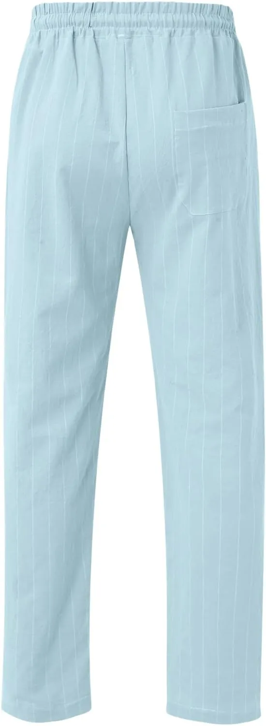 Men's Cotton Linen Pants Striped Beach Pants Baggy Fit Drawstring Sweatpants Breathable Casual Yoga Slacks Trousers