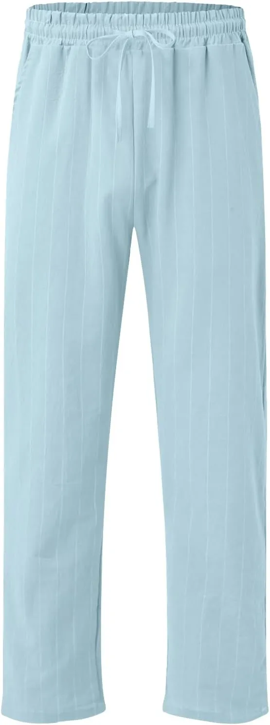 Men's Cotton Linen Pants Striped Beach Pants Baggy Fit Drawstring Sweatpants Breathable Casual Yoga Slacks Trousers