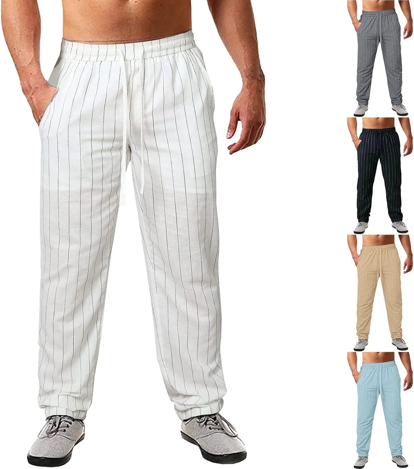 Men's Cotton Linen Pants Striped Beach Pants Baggy Fit Drawstring Sweatpants Breathable Casual Yoga Slacks Trousers