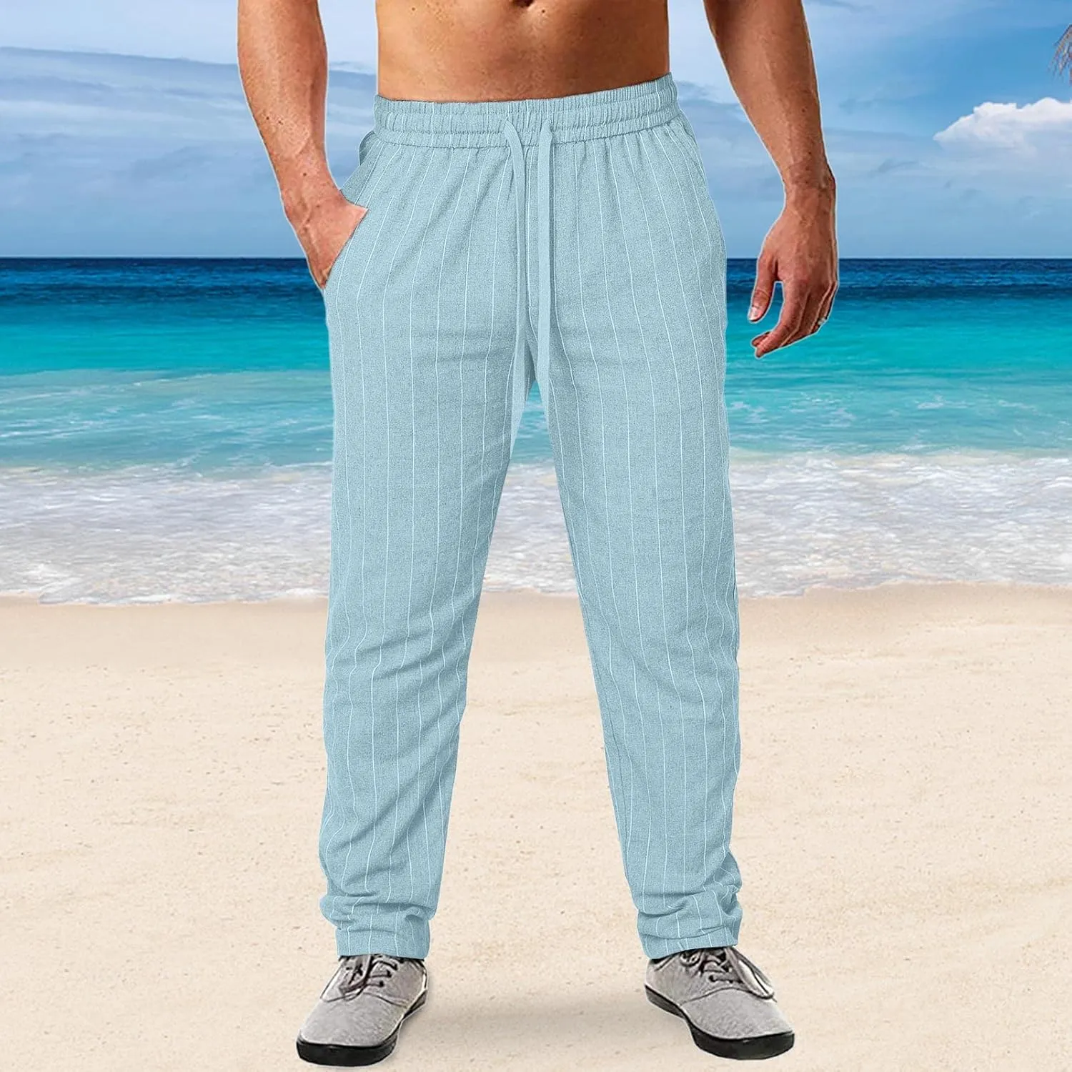 Men's Cotton Linen Pants Striped Beach Pants Baggy Fit Drawstring Sweatpants Breathable Casual Yoga Slacks Trousers