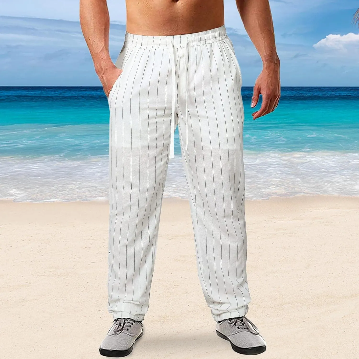 Men's Cotton Linen Pants Striped Beach Pants Baggy Fit Drawstring Sweatpants Breathable Casual Yoga Slacks Trousers