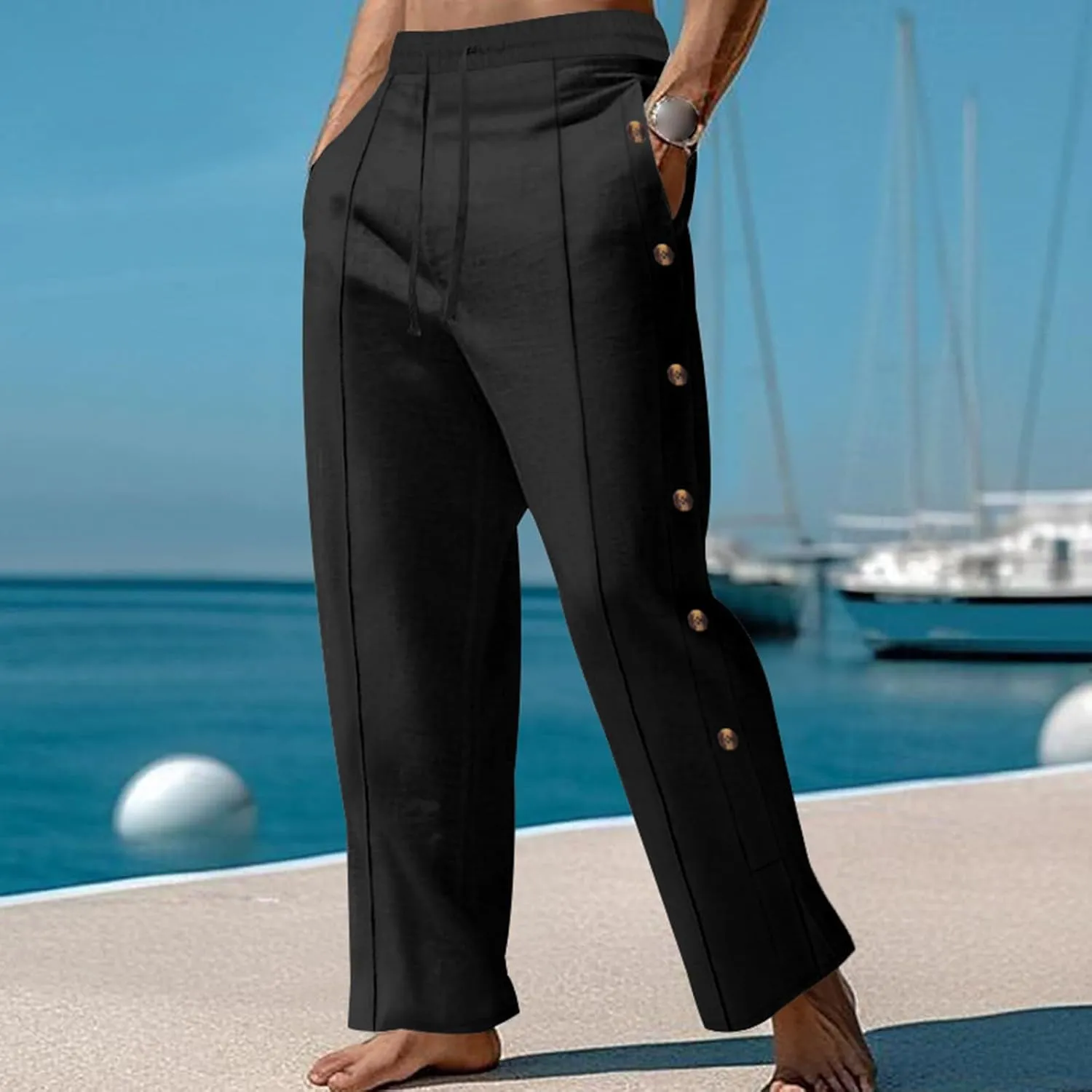 Mens Cotton Linen Trousers Button Elastic Waist Drawstring Casual Trendy Breathable Summer Beach Pants with Pockets