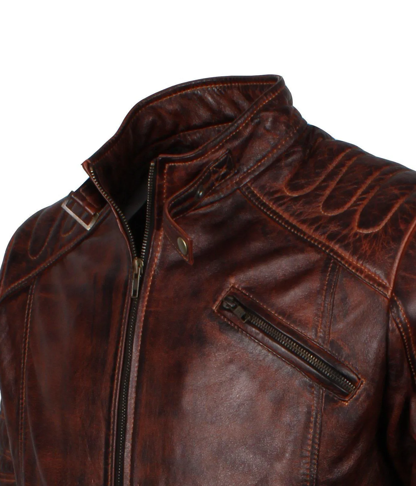 Men's Dark Brown Padded Waxed Genuine Leather Motorcycle Jacket