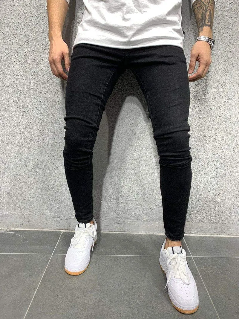 Mens Denim Jeans Slim Fit Stretch Casual Flat Front Classic Straight Essential Denim Jeans Pants with Small Feet