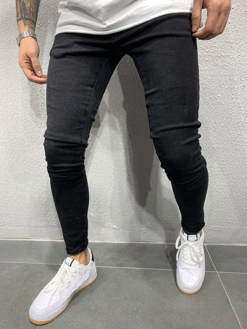 Mens Denim Jeans Slim Fit Stretch Casual Flat Front Classic Straight Essential Denim Jeans Pants with Small Feet