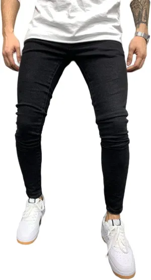 Mens Denim Jeans Slim Fit Stretch Casual Flat Front Classic Straight Essential Denim Jeans Pants with Small Feet