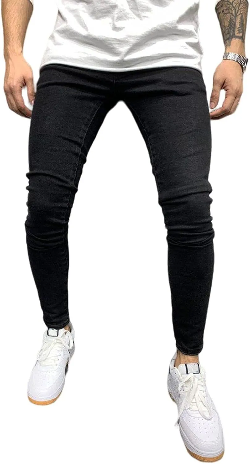 Mens Denim Jeans Slim Fit Stretch Casual Flat Front Classic Straight Essential Denim Jeans Pants with Small Feet