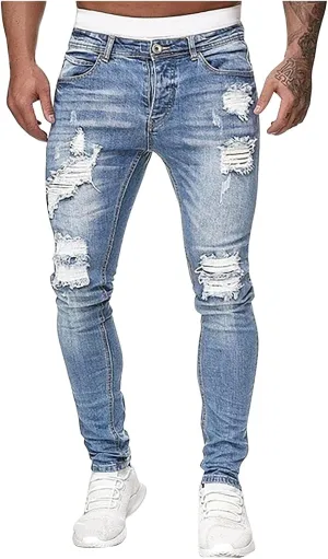 Men's Distressed Moto Biker Jeans Slim Fit Fashion Stretch Denim Pants Side Striped Ripped Skinny Jeans with Pockets