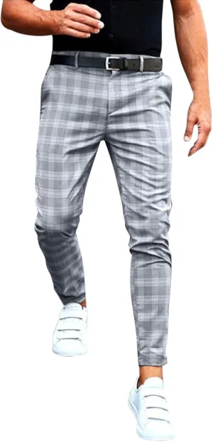 Mens Dress Pants Plaid Slim Fit Expandable Waist Work Sweatpants Business Casual Straight Leg Golf Comfort Suit Pants
