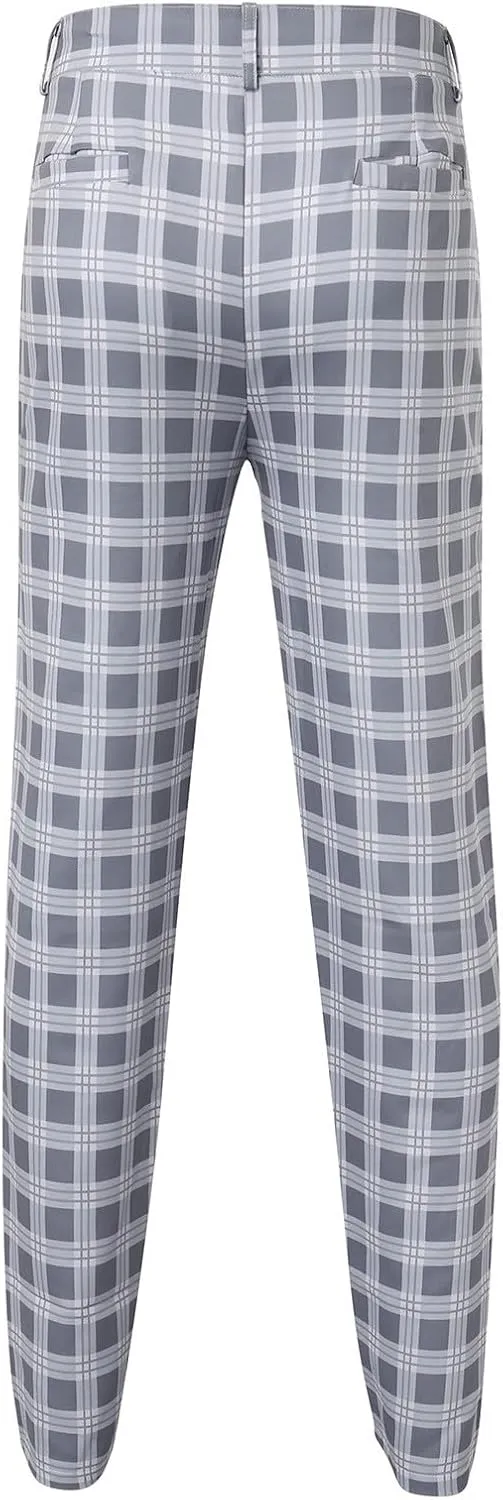 Mens Dress Pants Plaid Slim Fit Expandable Waist Work Sweatpants Business Casual Straight Leg Golf Comfort Suit Pants