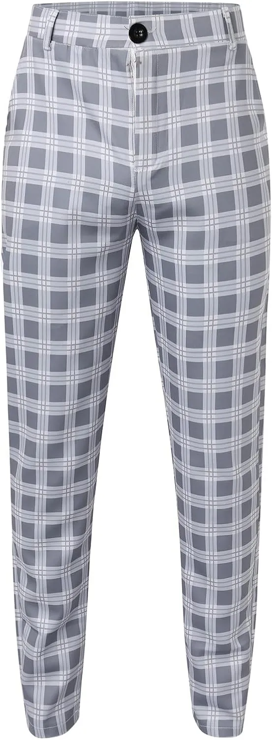 Mens Dress Pants Plaid Slim Fit Expandable Waist Work Sweatpants Business Casual Straight Leg Golf Comfort Suit Pants