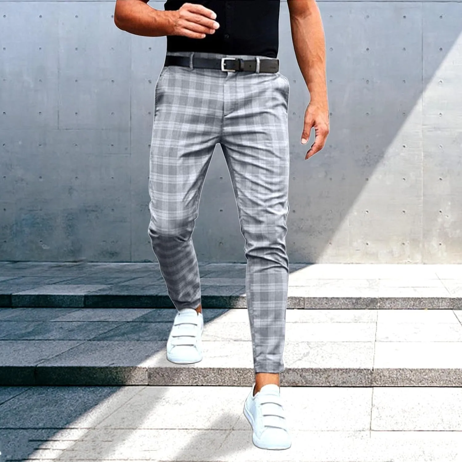 Mens Dress Pants Plaid Slim Fit Expandable Waist Work Sweatpants Business Casual Straight Leg Golf Comfort Suit Pants