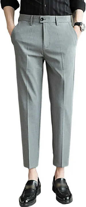 Men's Dress Plaid Slim Fit Flat Front Pants Chinos Stretch Skinny Pencil Long Pants Business Pants with Pocket