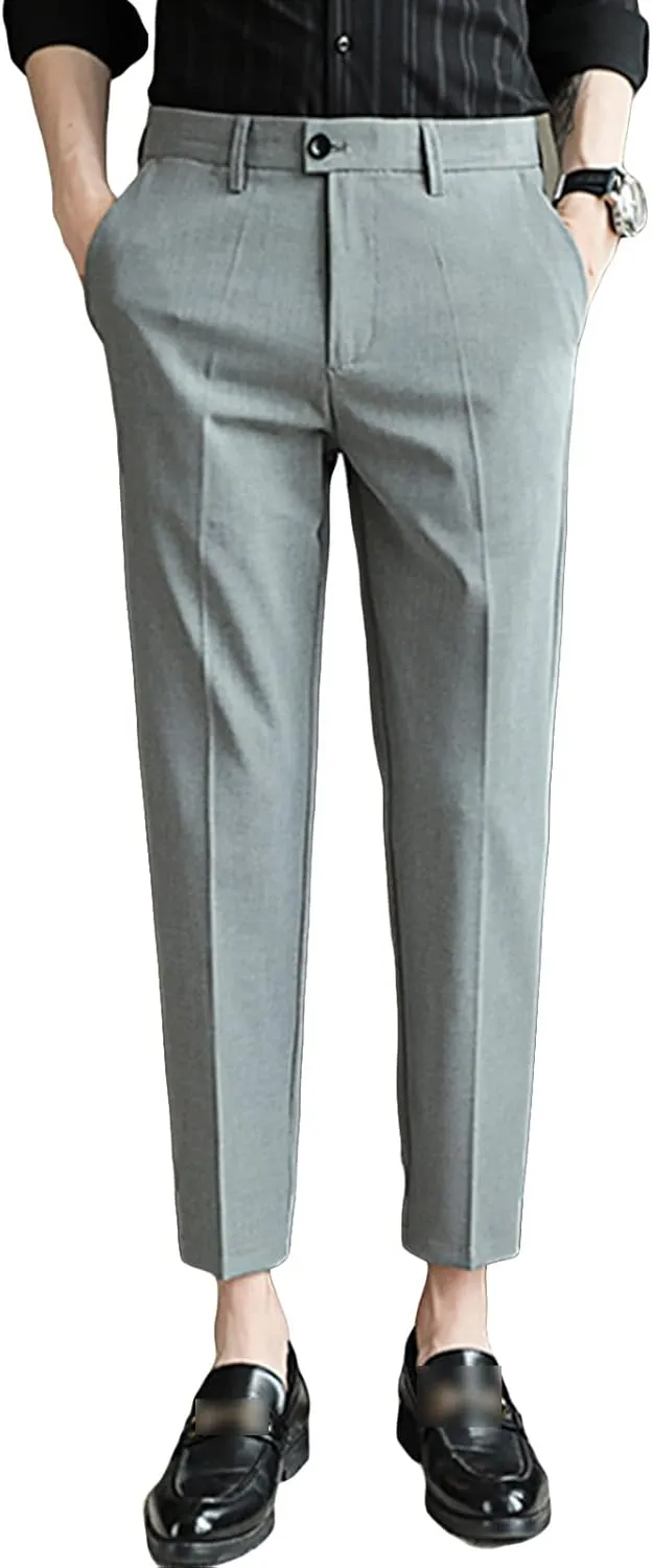 Men's Dress Plaid Slim Fit Flat Front Pants Chinos Stretch Skinny Pencil Long Pants Business Pants with Pocket