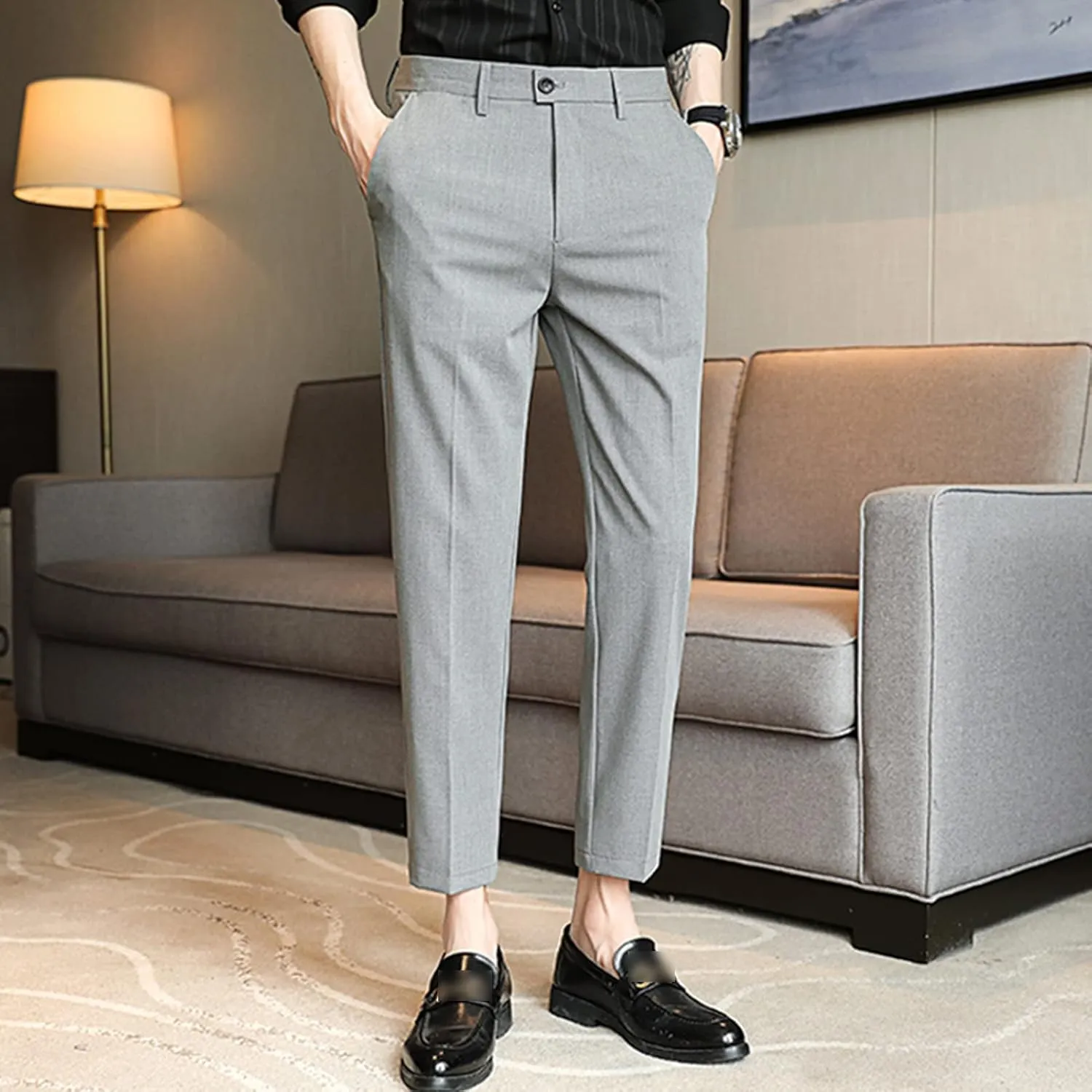 Men's Dress Plaid Slim Fit Flat Front Pants Chinos Stretch Skinny Pencil Long Pants Business Pants with Pocket