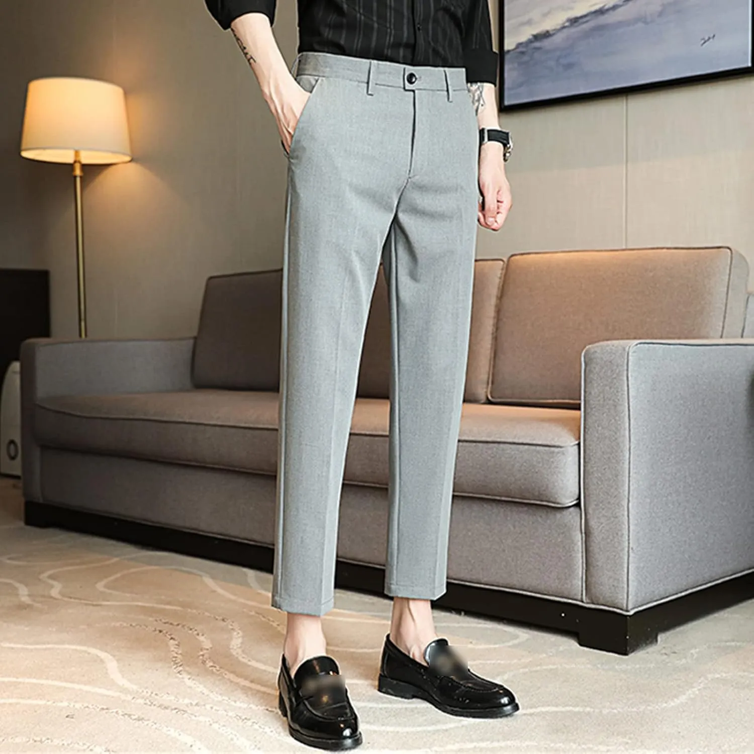 Men's Dress Plaid Slim Fit Flat Front Pants Chinos Stretch Skinny Pencil Long Pants Business Pants with Pocket