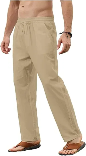 Mens Fashion Cotton Linen Pants Casual Slim Fit Pant Drawstring Loose Trousers Straight Elastic Fall Sweatpants