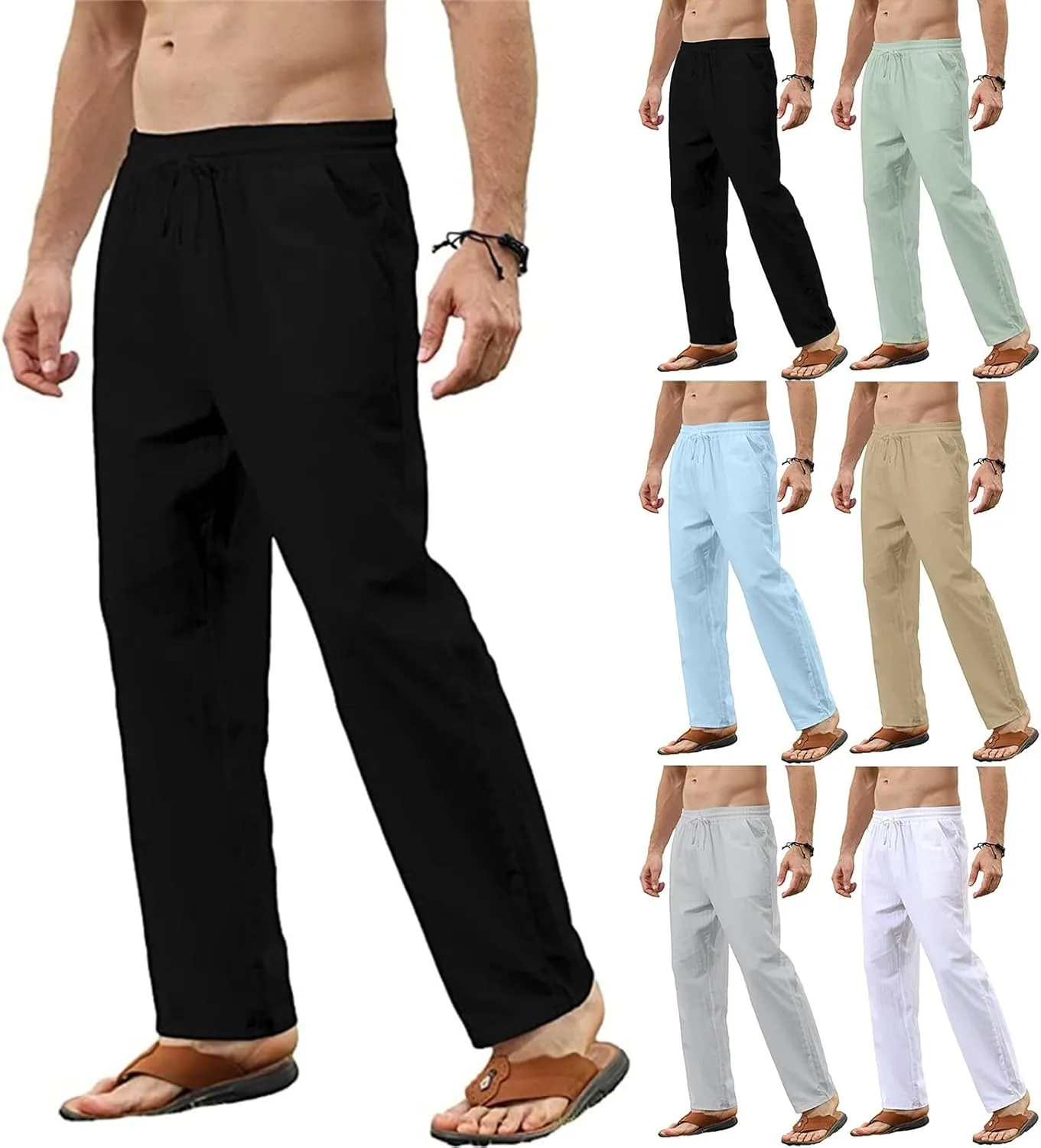 Mens Fashion Cotton Linen Pants Casual Slim Fit Pant Drawstring Loose Trousers Straight Elastic Fall Sweatpants