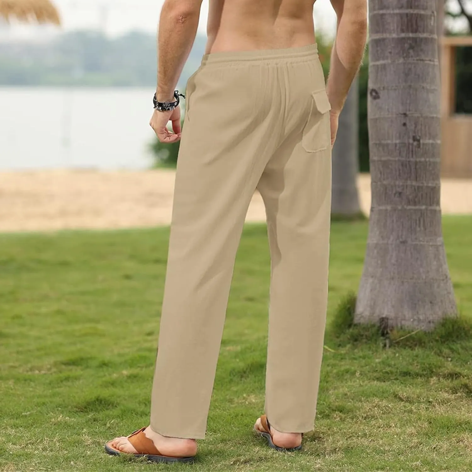 Mens Fashion Cotton Linen Pants Casual Slim Fit Pant Drawstring Loose Trousers Straight Elastic Fall Sweatpants