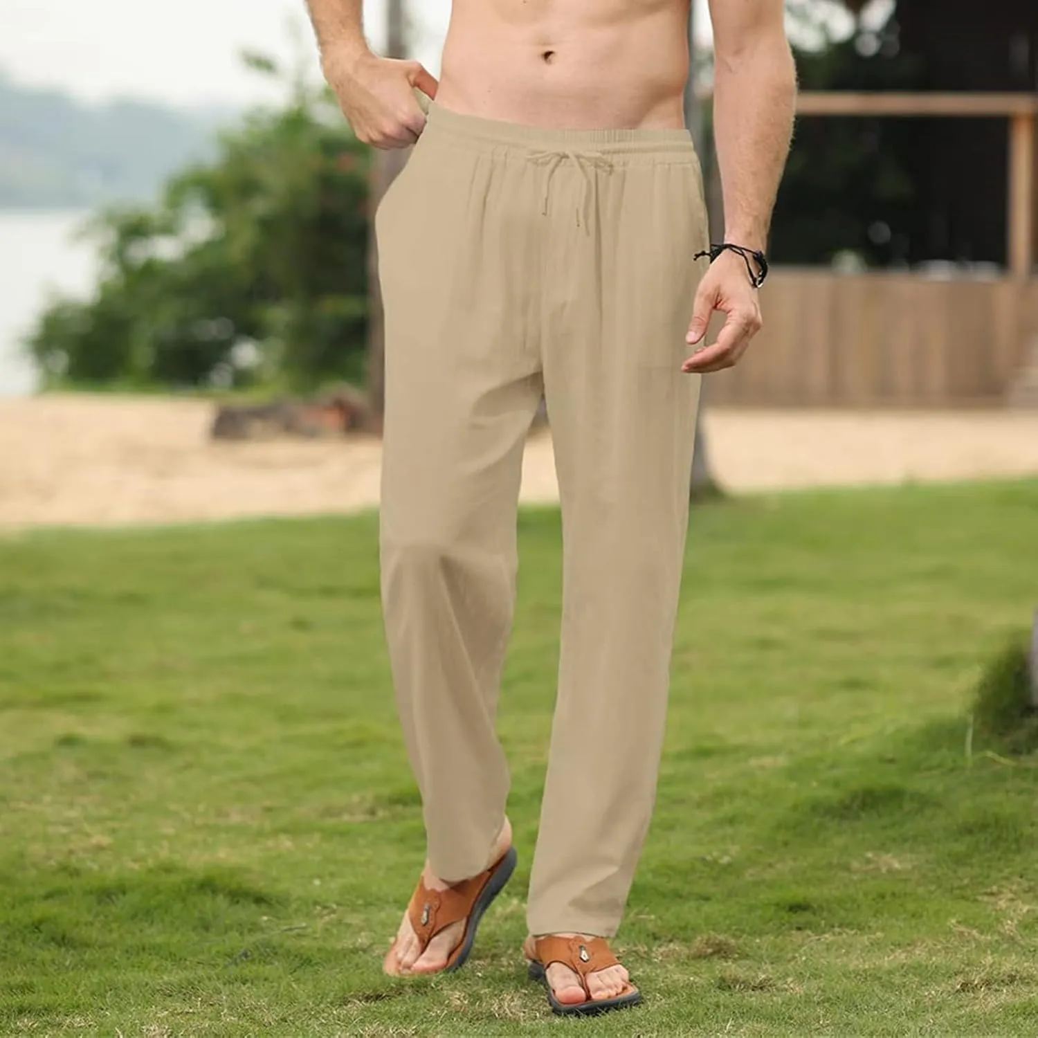 Mens Fashion Cotton Linen Pants Casual Slim Fit Pant Drawstring Loose Trousers Straight Elastic Fall Sweatpants