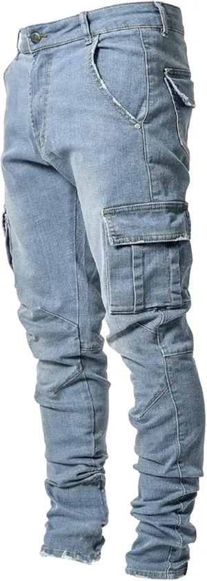 Men's Fleece Cargo Sweatpants Middle Waist Denim Long Hiking Pants Athletic Workout Jogger Sweatpants for Men