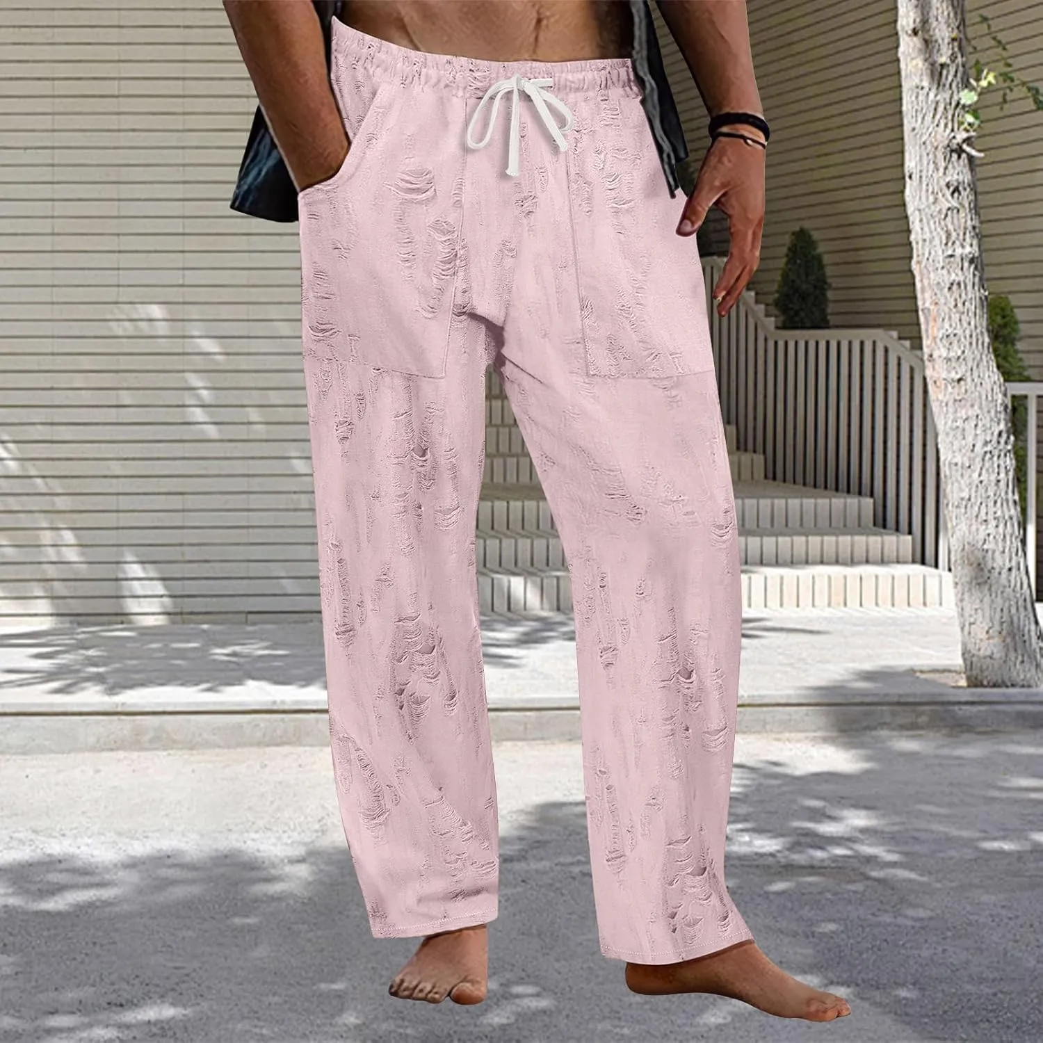 Men's Frayed Raw Pants Lightweight Ripped Elastic Waist Drawstring Pant Loose Outdoor Casual Beach Yoga Trousers