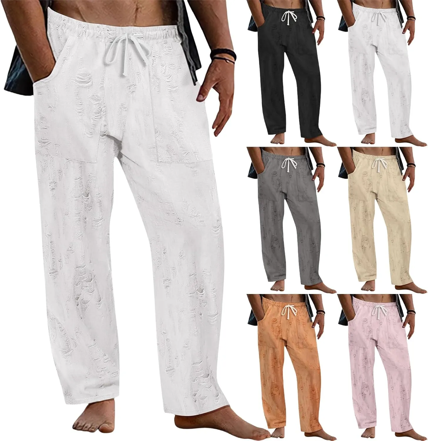 Men's Frayed Raw Pants Lightweight Ripped Elastic Waist Drawstring Pant Loose Outdoor Casual Beach Yoga Trousers