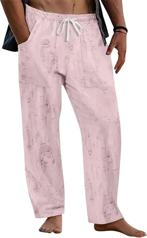 Men's Frayed Raw Pants Lightweight Ripped Elastic Waist Drawstring Pant Loose Outdoor Casual Beach Yoga Trousers