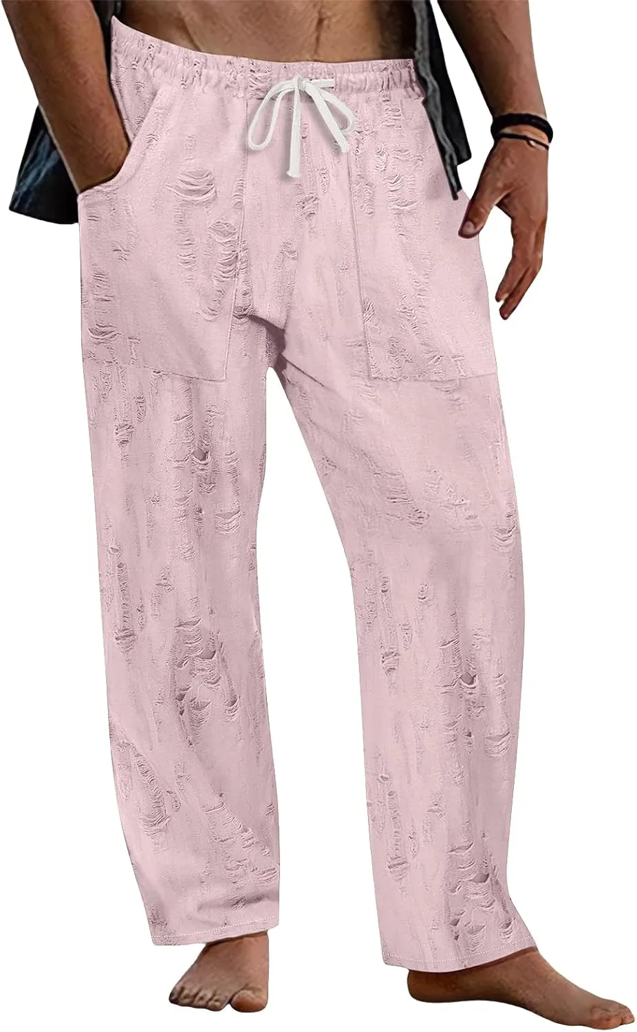 Men's Frayed Raw Pants Lightweight Ripped Elastic Waist Drawstring Pant Loose Outdoor Casual Beach Yoga Trousers
