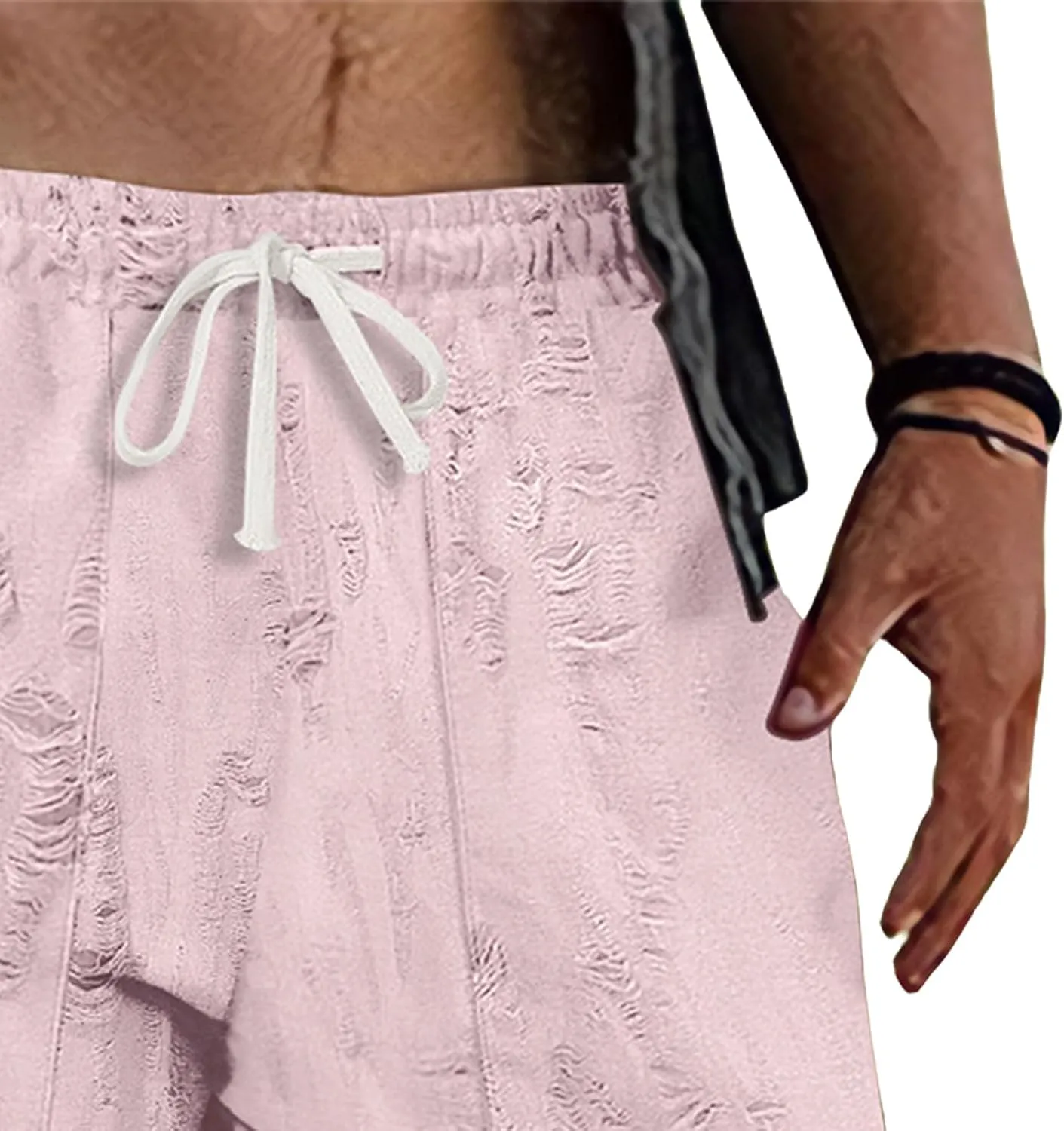 Men's Frayed Raw Pants Lightweight Ripped Elastic Waist Drawstring Pant Loose Outdoor Casual Beach Yoga Trousers