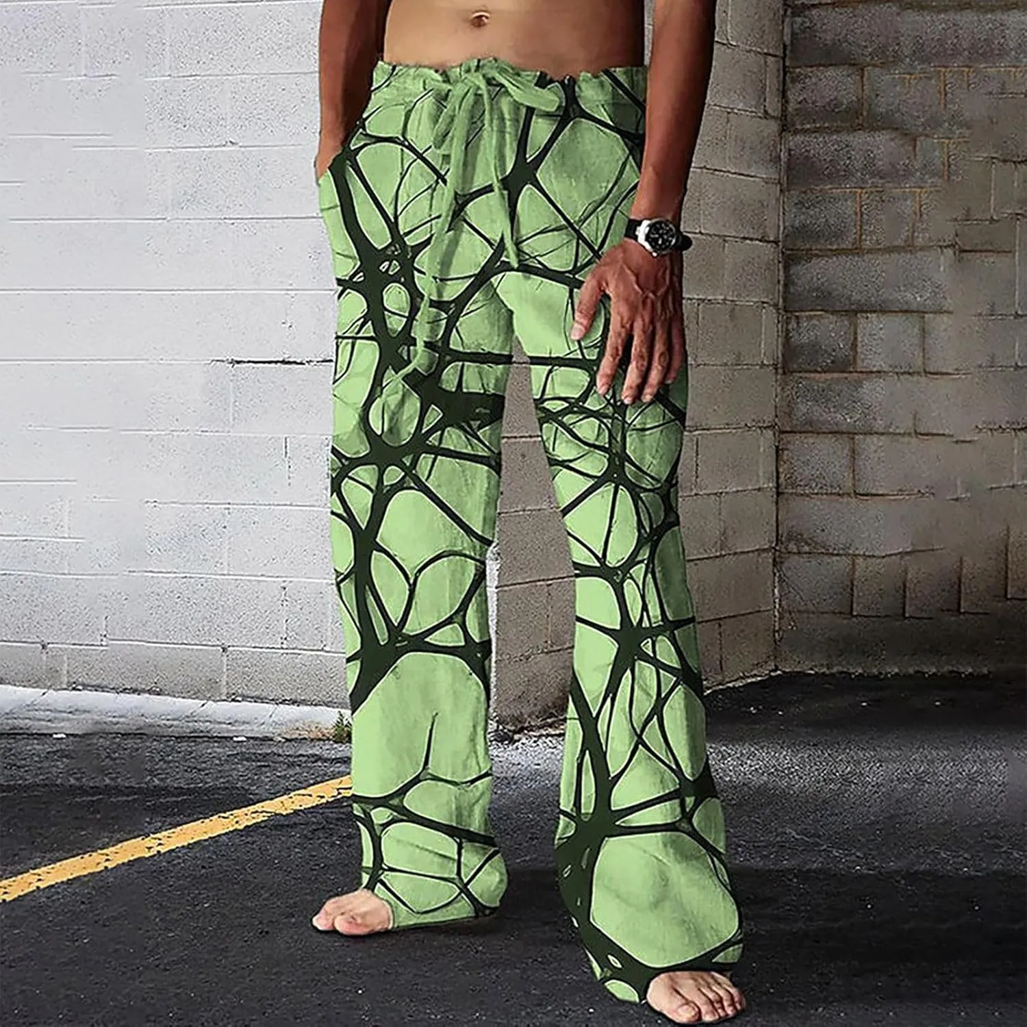 Mens Hiliday Vacation Pants Trousers Elastic Waisted Drawstring 3D Digital Print Beach Palazzo Straight Leg Baggy Casual Pant
