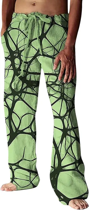 Mens Hiliday Vacation Pants Trousers Elastic Waisted Drawstring 3D Digital Print Beach Palazzo Straight Leg Baggy Casual Pant