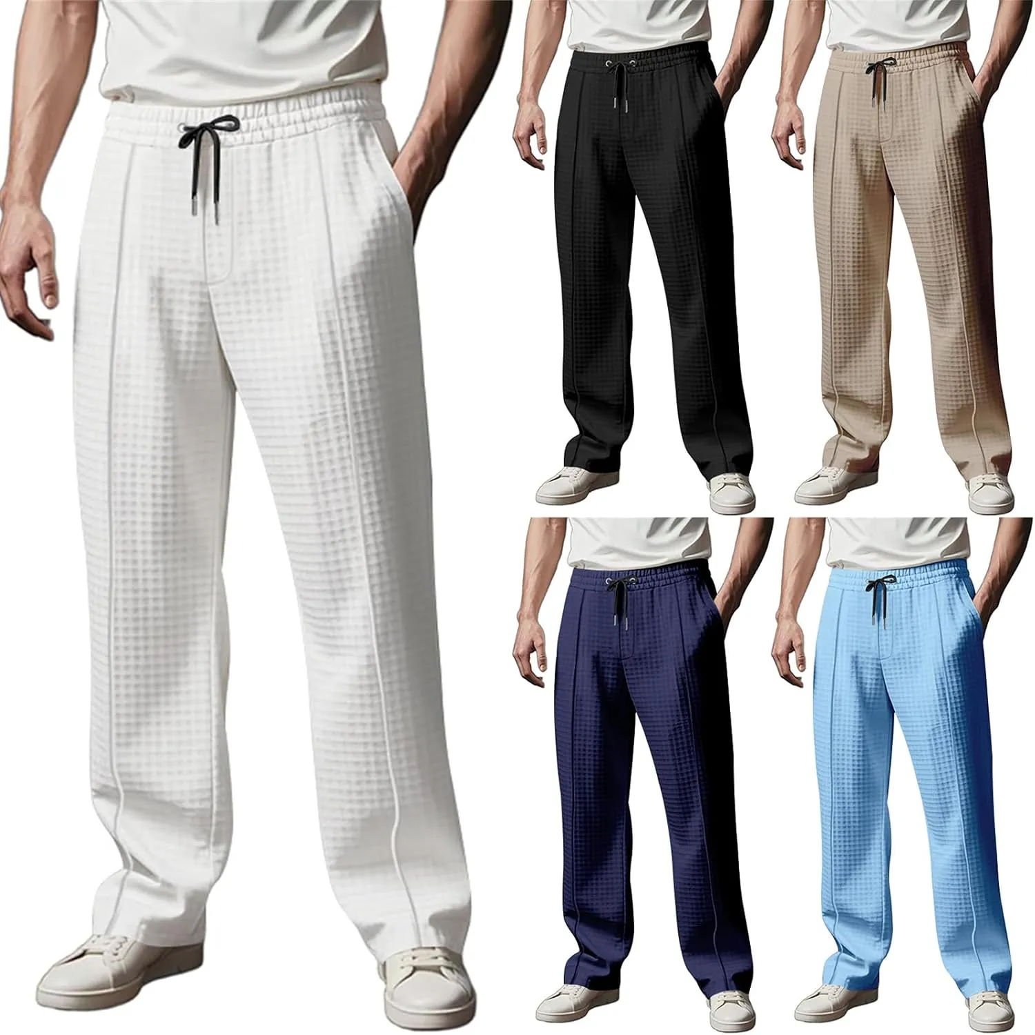 Men's Jacquard Waffle Sweatpants Stretch Waist Drawstring Casual Business Jogging Pants Loose Tousers 2025 Summer