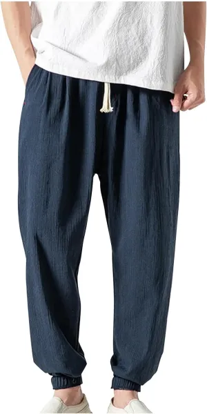 Mens Lantern Casual Pants Loose Fit Hiking Trousers Cotton Linen Trendy Harlen Pants Drawstring Waist Tapered Pants