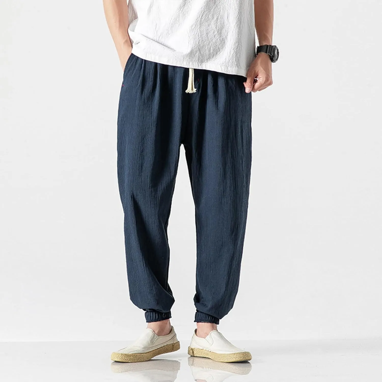 Mens Lantern Casual Pants Loose Fit Hiking Trousers Cotton Linen Trendy Harlen Pants Drawstring Waist Tapered Pants