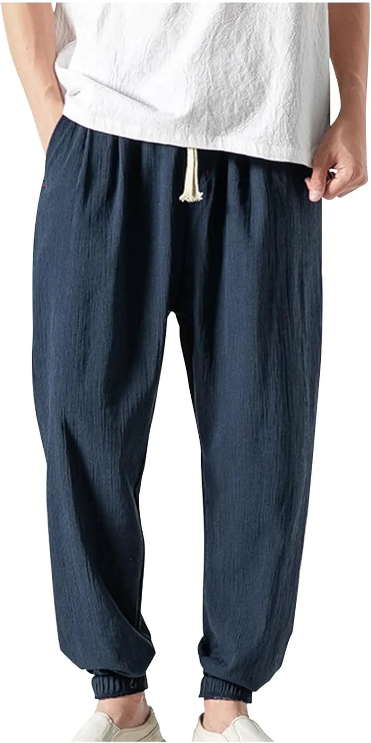 Mens Lantern Casual Pants Loose Fit Hiking Trousers Cotton Linen Trendy Harlen Pants Drawstring Waist Tapered Pants