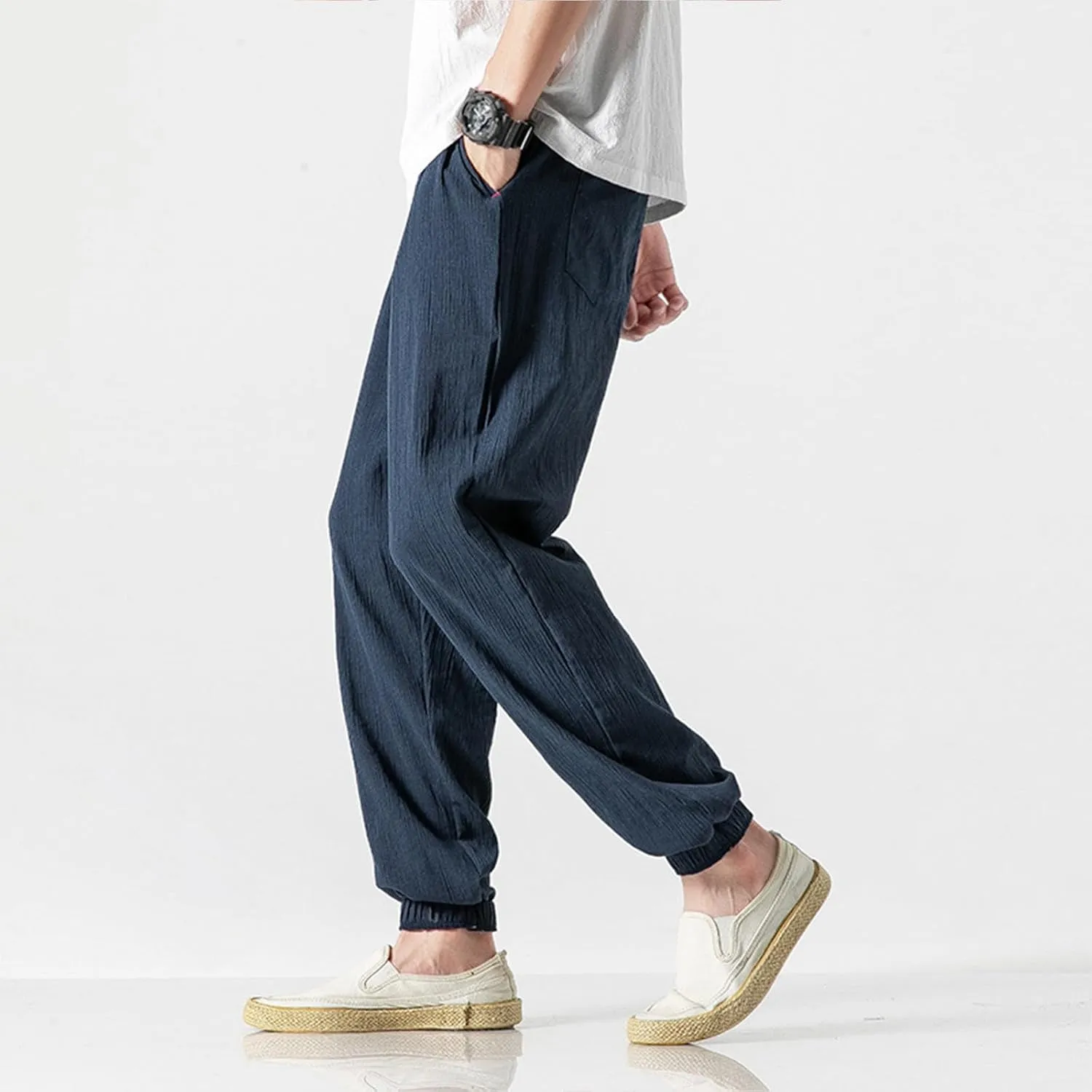 Mens Lantern Casual Pants Loose Fit Hiking Trousers Cotton Linen Trendy Harlen Pants Drawstring Waist Tapered Pants