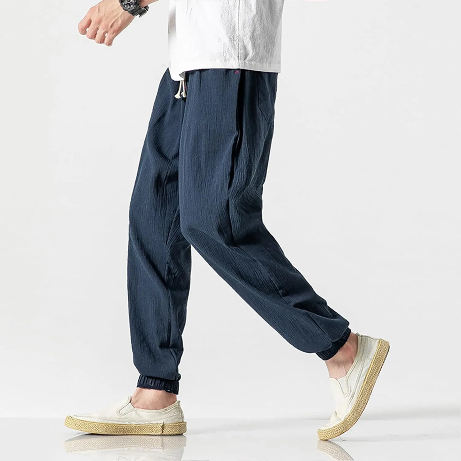 Mens Lantern Casual Pants Loose Fit Hiking Trousers Cotton Linen Trendy Harlen Pants Drawstring Waist Tapered Pants