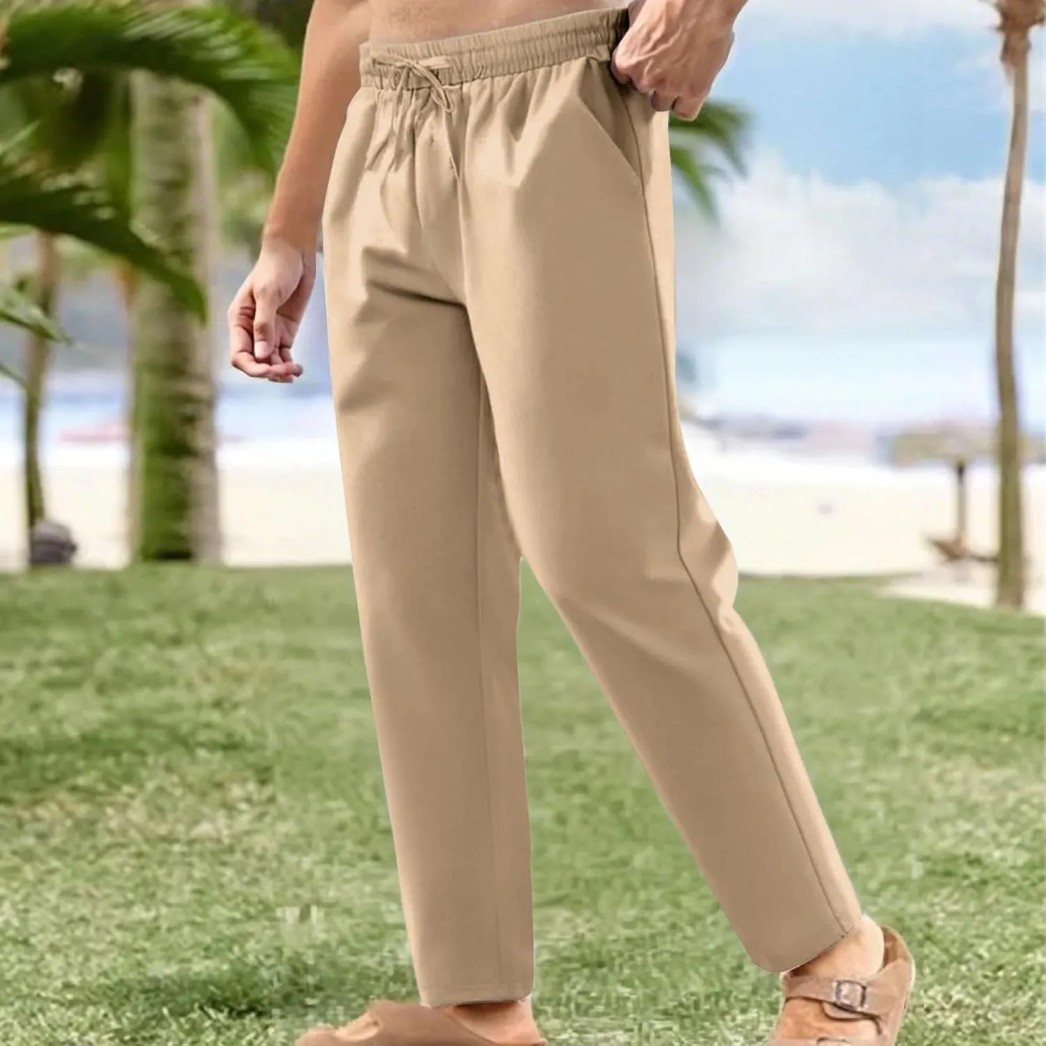 Men's Linen Casual Pants Elastic Waist Drawstring Yoga Beach Summer Pants 2025